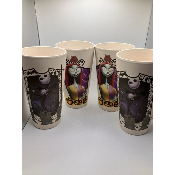 Set Of 4 Disney Nightmare Before Christmas Jack Sally Tan Plastic Drinking Cups - Picture 1 of 7